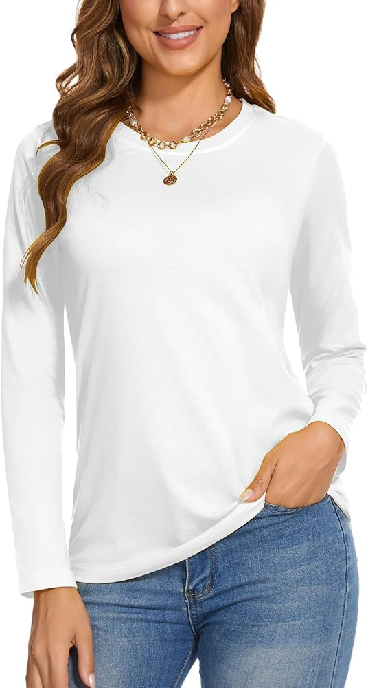 SMENG Women's Long Sleeve Crewneck Cotton Basic T-Shirt Solid Color Soft Comfy Casual Tops Fall S... | Amazon (US)