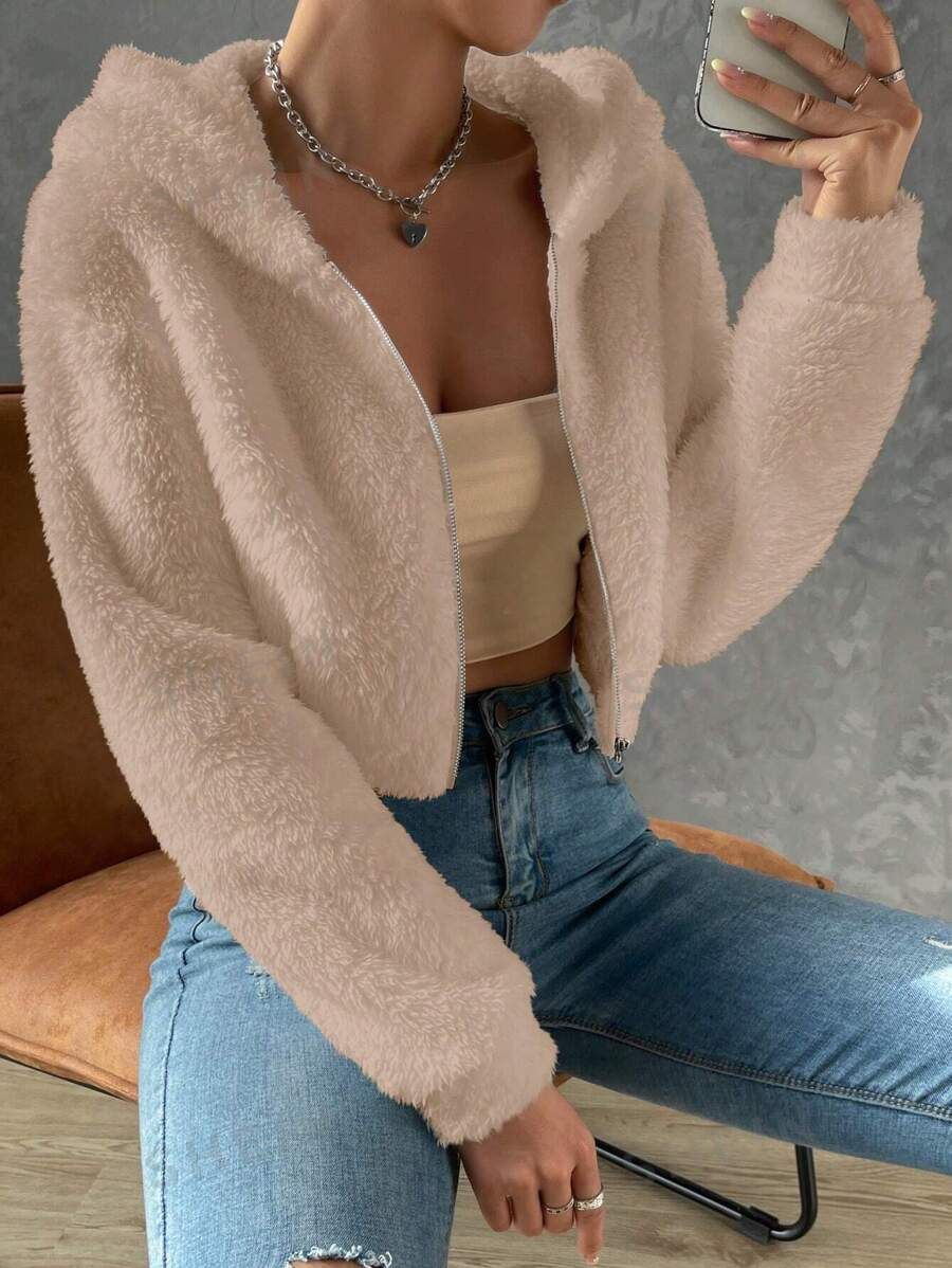 SHEIN EZwear Zip Up Drop Shoulder Hooded Crop Flannel Jacket | SHEIN