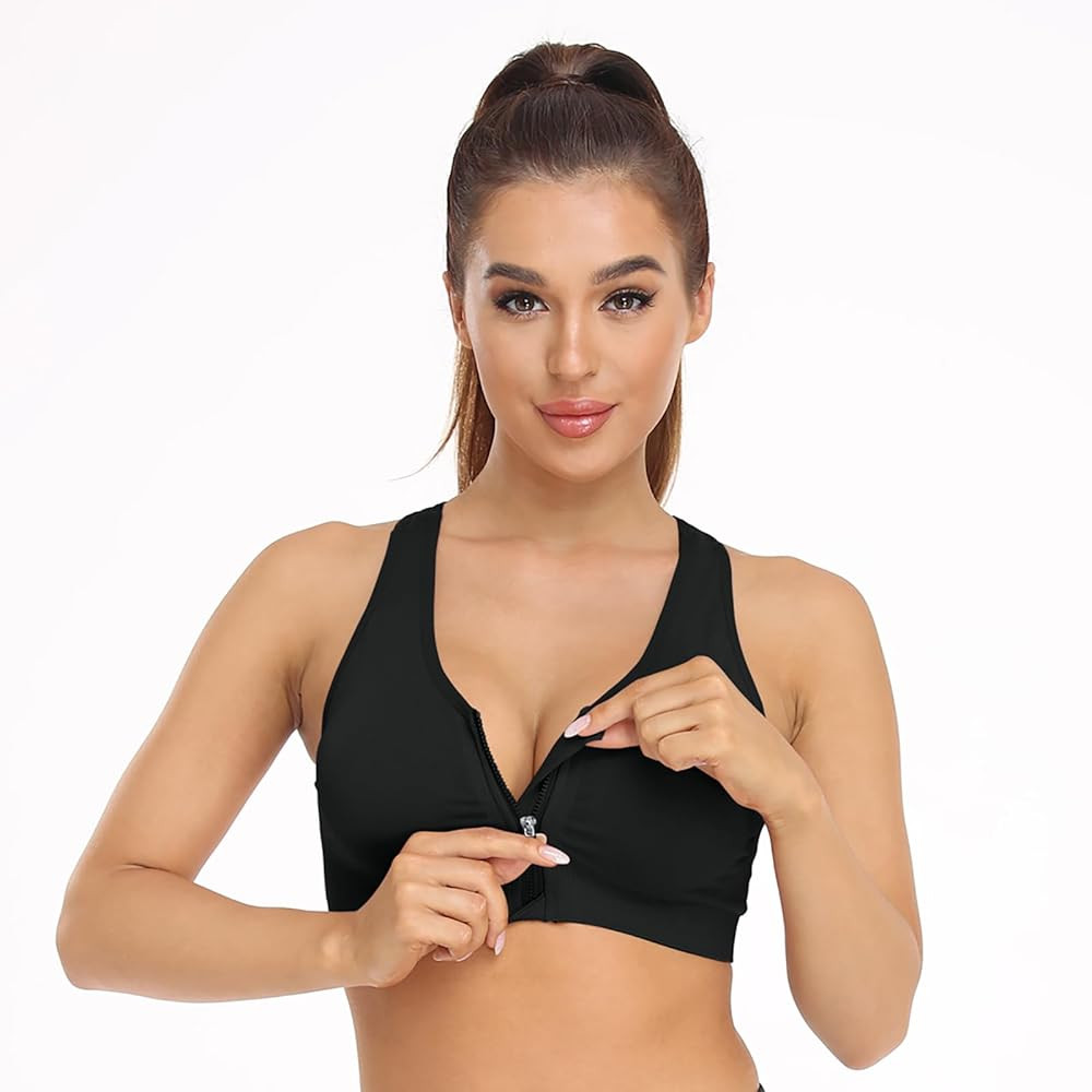 Women's Zip Front Sports Bra Wireless Post-Surgery Bra Active Yoga Sports Bras | Amazon (US)