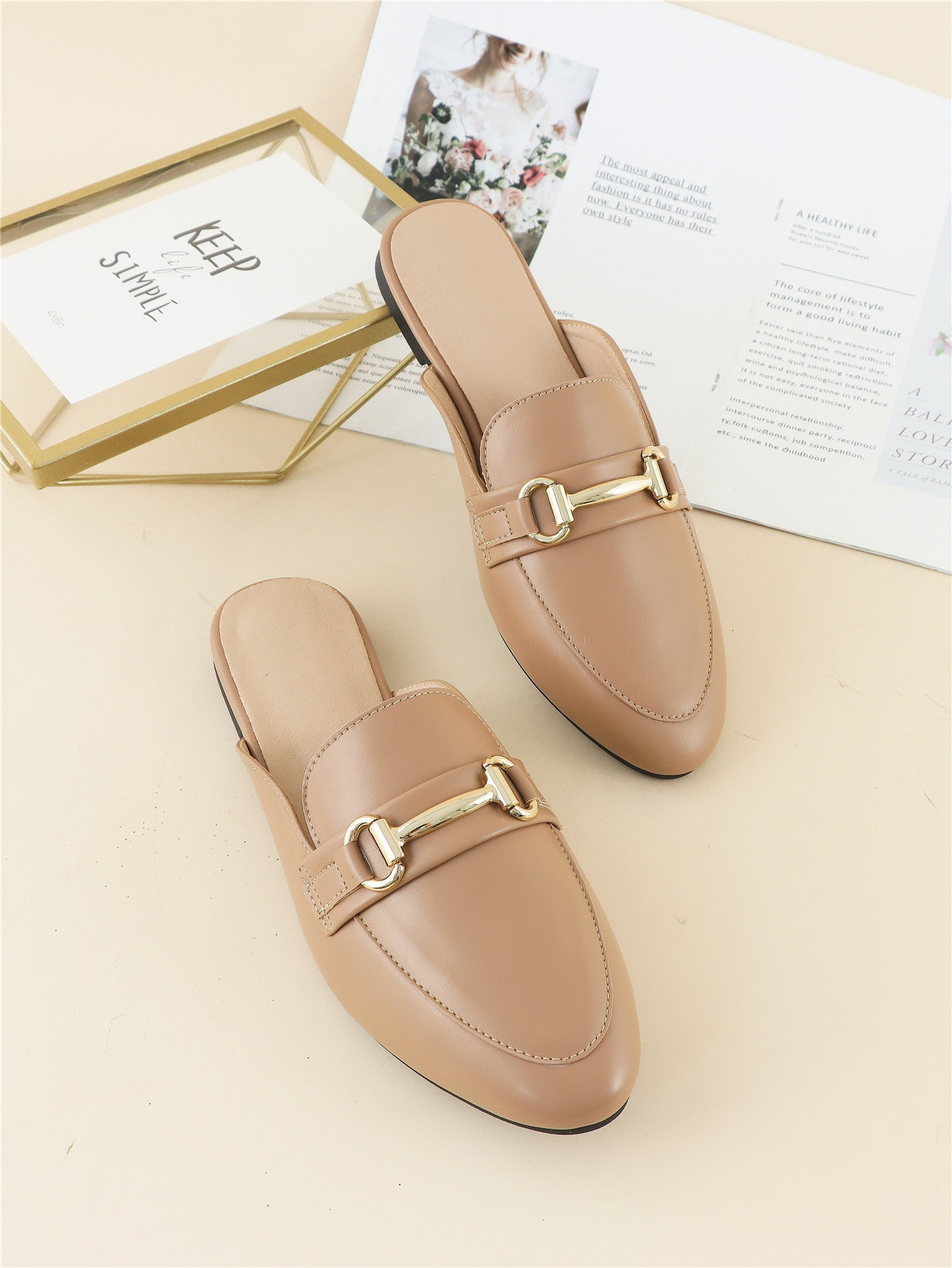 Metal Decor Flat Mules, Elegant Apricot-colored Solid Color Mule High Heels, Made Of Pure Metal | SHEIN