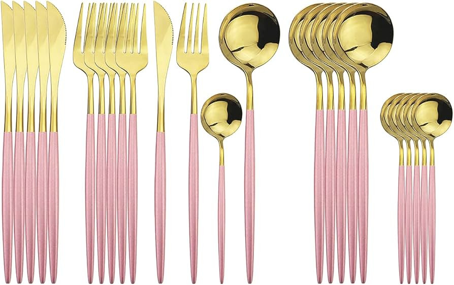 Gold Silverware Set, 24-Piece Stainless Steel Flatware Set Service For 6, Mirror Polished Pink Ha... | Amazon (US)