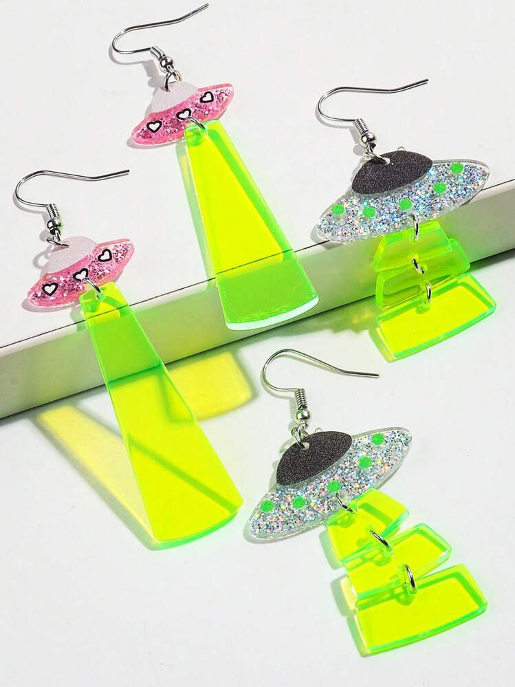 1pair Fashionable Fluorescent Transparent Acrylic UFO Pendant Earrings, Cute And Quirky, Suitable... | SHEIN