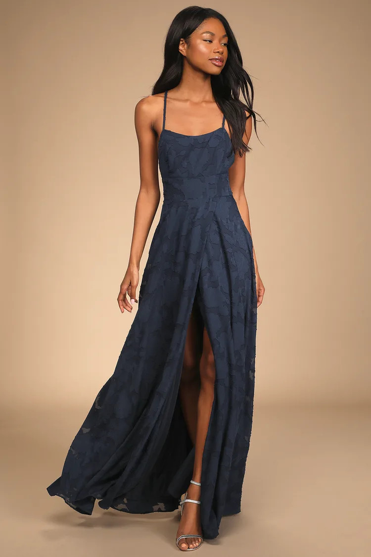 Let There Be Romance Navy Blue Burnout Floral Maxi Dress | Lulus