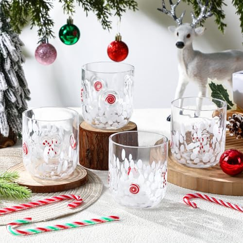 Sunnychicc 4 Pcs Christmas Icon Glass Cups 12 oz Candy Cane Drinking Glassware Wine Stemless Double Old Fashioned Blown Cocktail Cups for Women Friends Lovely Christmas Gifts | Amazon (US)