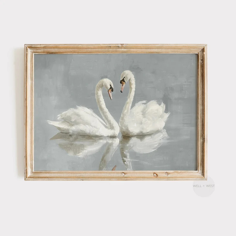 Swan Art Printable White Swan Vintage Painting Pastel Blue Artwork Farmhouse Nursery Decor P059 -... | Etsy (US)