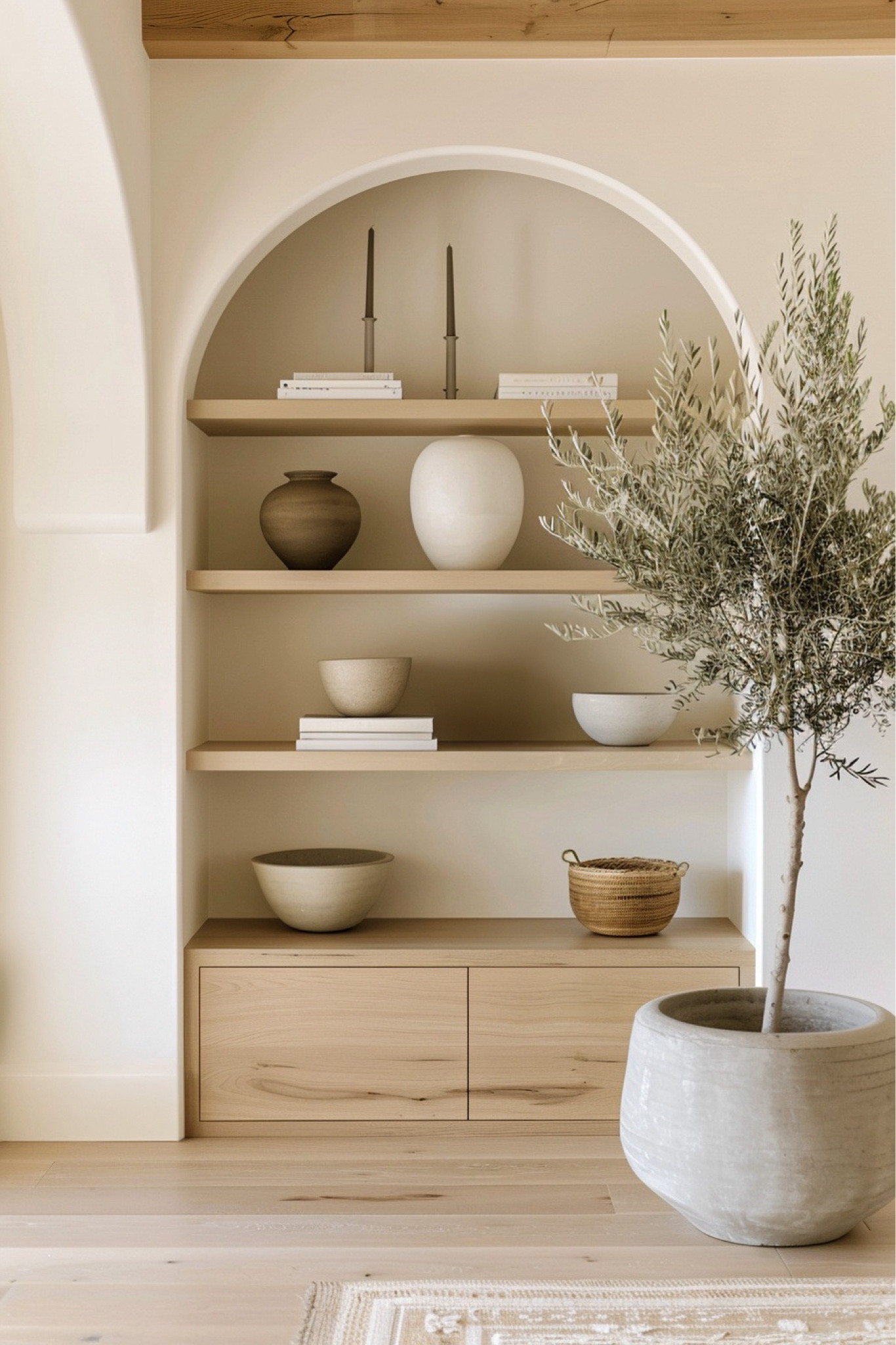 This entryway makes an impact- when you combine arches + soft wood tones, you can’t go wrong 🫶🏼 | arched built-in, cement planter, Entryway, nook, wood shelves, Walmart finds, vase, wood beams, olive tree, Walmart vase, neutral decor, area rug |

#LTKHome #LTKSaleAlert