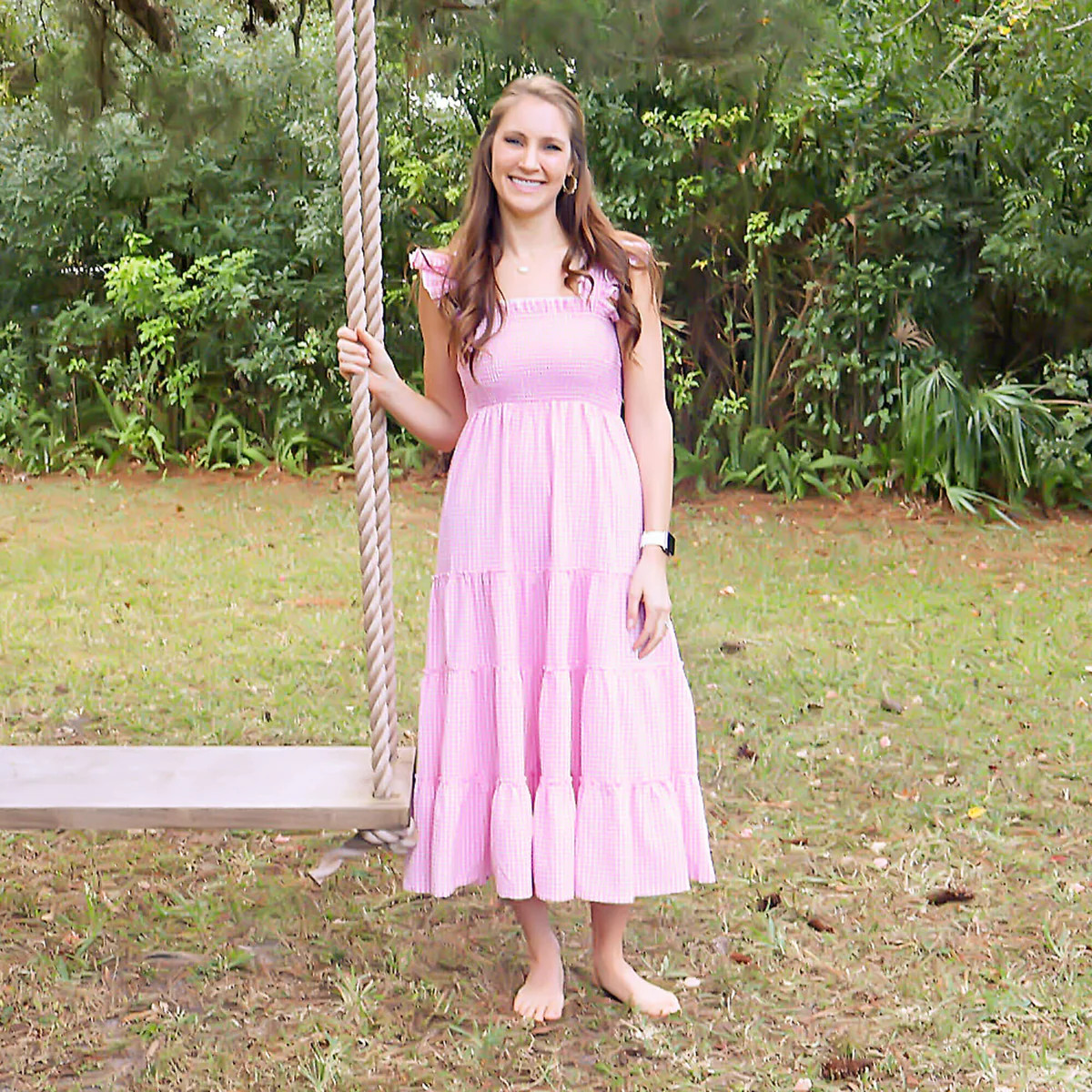 Light Pink Gingham Tiered Ruffle Women's Dress | Classic Whimsy