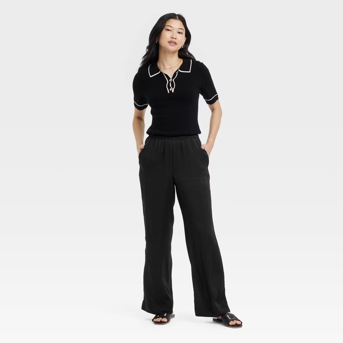 Women's Mid-Rise Straight Leg Crinkle Satin Pull-On Pants - A New Day™ | Target