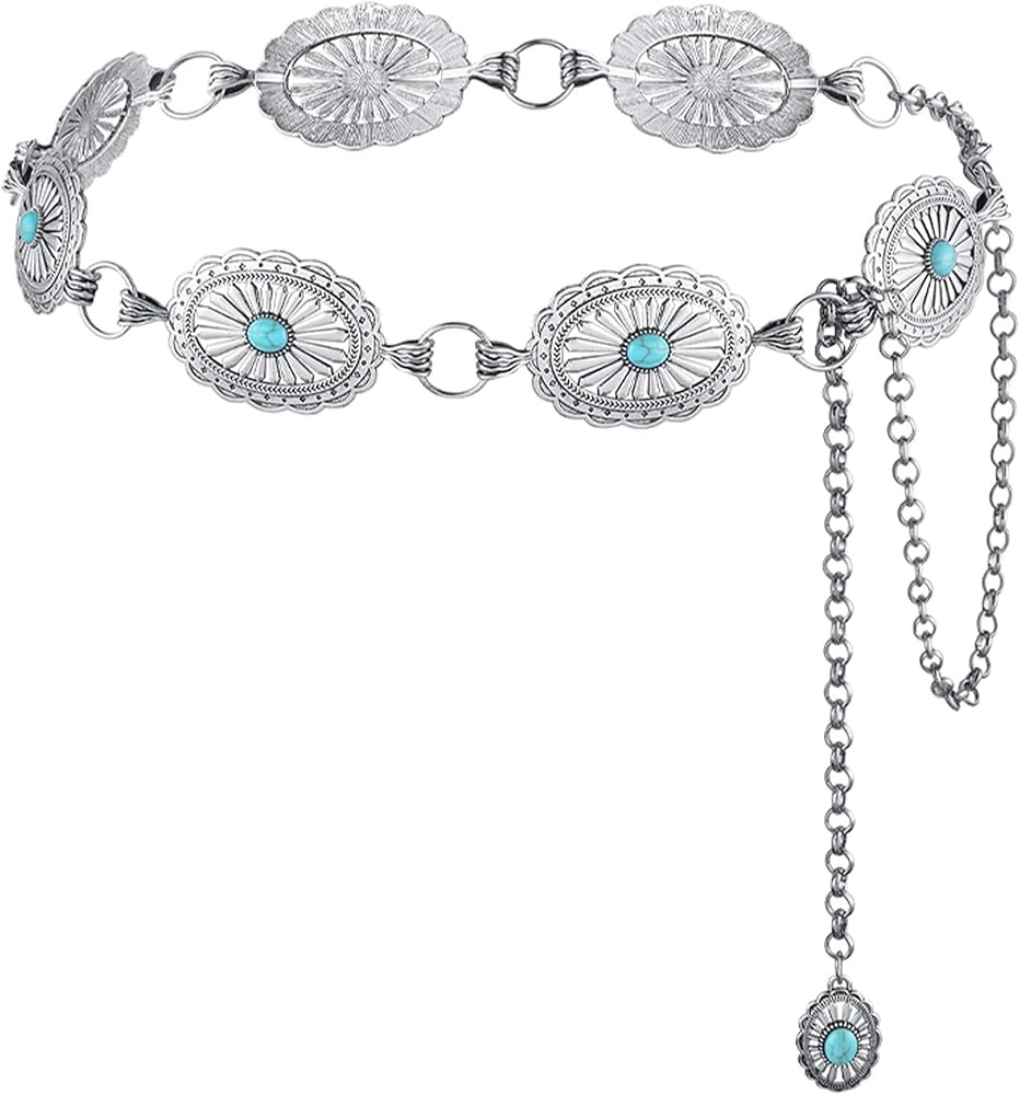 Metal Waist Chain Belt for Women Western Cowgirl Adjustable Concho Silver Chain Belts for Dresses... | Amazon (US)