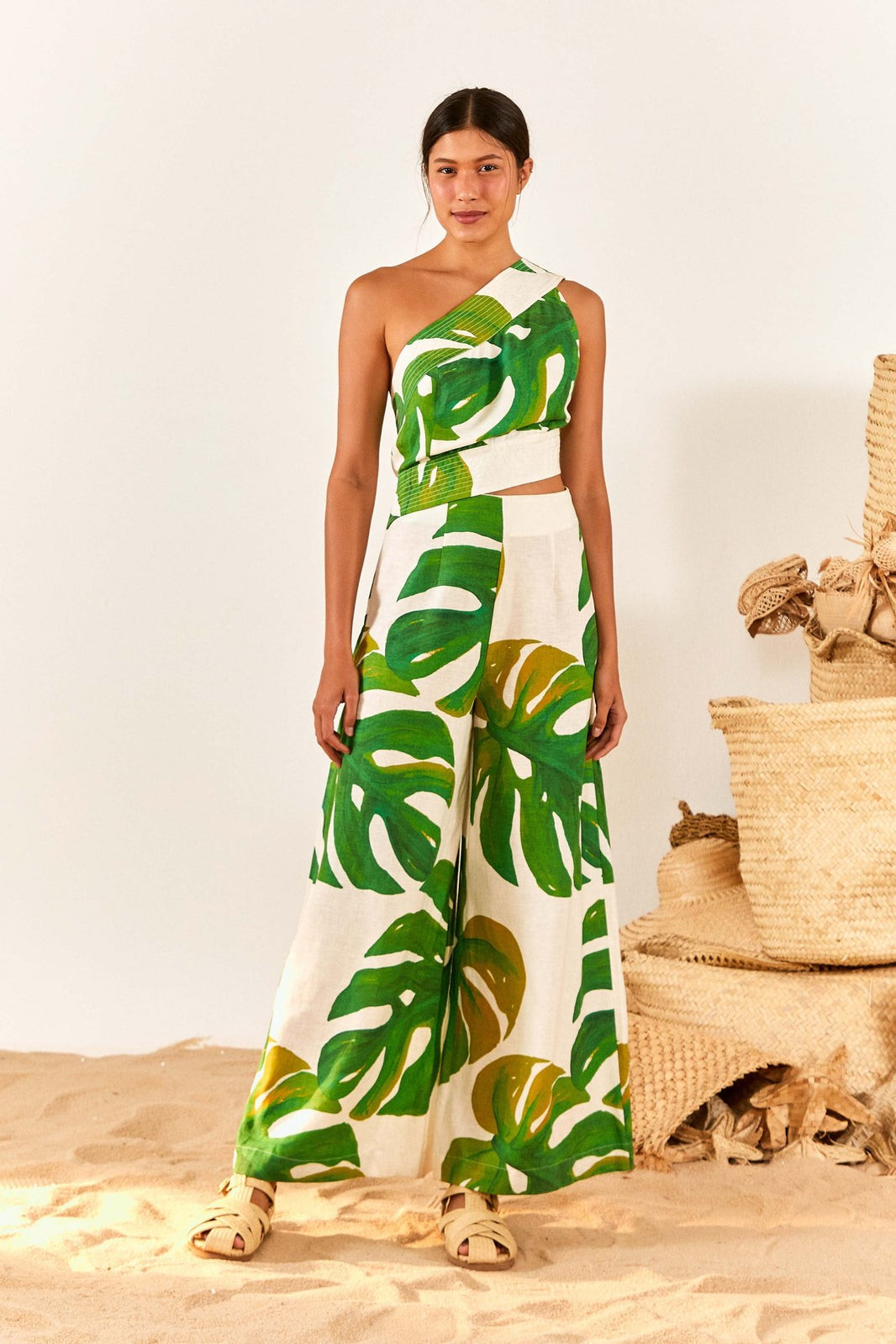 White Monstera One Shoulder Jumpsuit | FarmRio (US)
