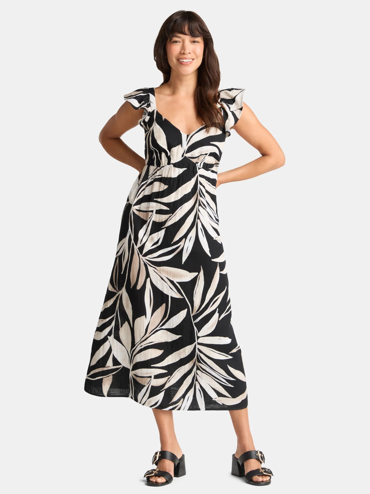Time and Tru Women's Cotton Midi Dress with Flutter Sleeves, Sizes XS-XXXL | Walmart (US)