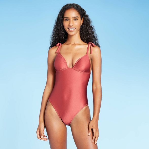 Women's Petal Cup Tie Strap One Piece Swimsuit - Shade & Shore™ Mahogany | Target