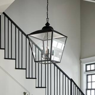 Dame 4-Light Textured Black Vintage Lantern Foyer Pendant Hanging Light with Clear Glass | The Home Depot