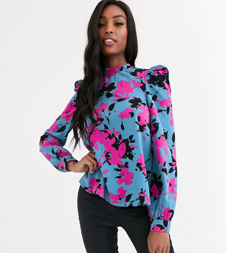 Outrageous Fortune Tall high neck puff sleeve blouse in contrast floral print-Multi | ASOS (Global)