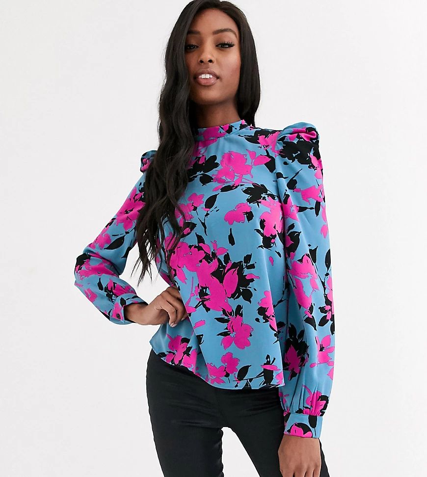 Outrageous Fortune Tall high neck puff sleeve blouse in contrast floral print-Multi | ASOS (Global)