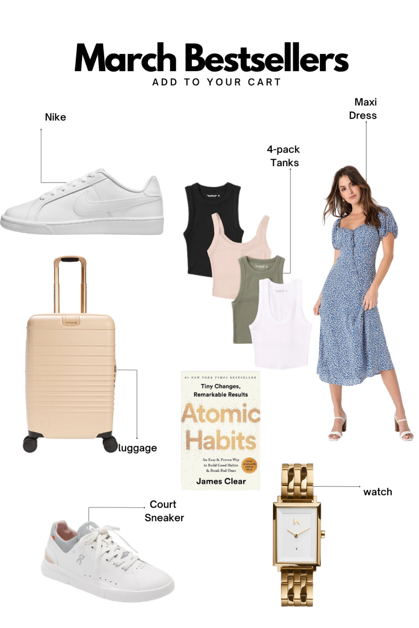 Sneaker, women’s tank, book club, watch, maxi dress, luggage 

#LTKFind #LTKtravel #LTKGiftGuide