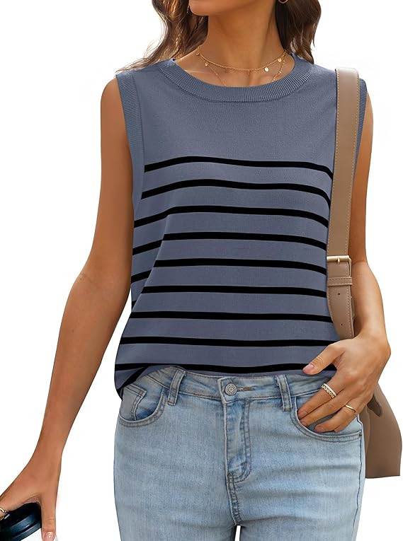 MIROL Women's Sleeveless Striped Tank Tops 2024 Summer Crewneck T-Shirts Basic Knit Casual Loose ... | Amazon (US)