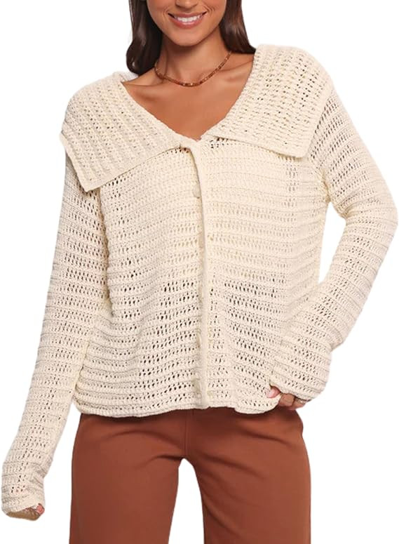 Women’s Crochet Cardigans Sweater Navy Collar Long Sleeve Boho Cardigans Hollow Out Button Down... | Amazon (US)