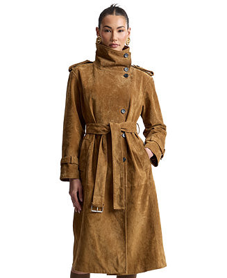 Women's Funnel-Neck Suede Oversized Trench Coat | Macy's