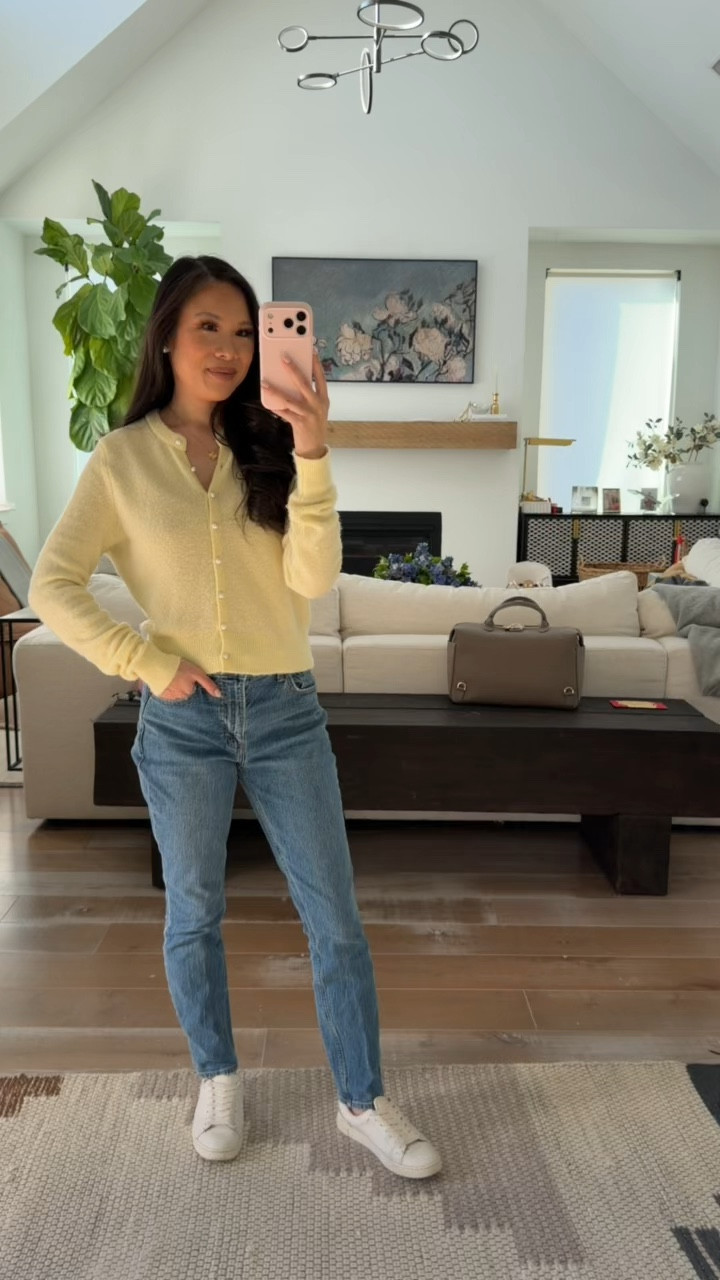 Merino wool blend crew cardigan that I love in this pastel yellow styled with modern skinny jeans in size 25. Both are on sale for 25% off for the LTK x Abercrombie Spring sale! 

#LTKootd #LTKSpringSale