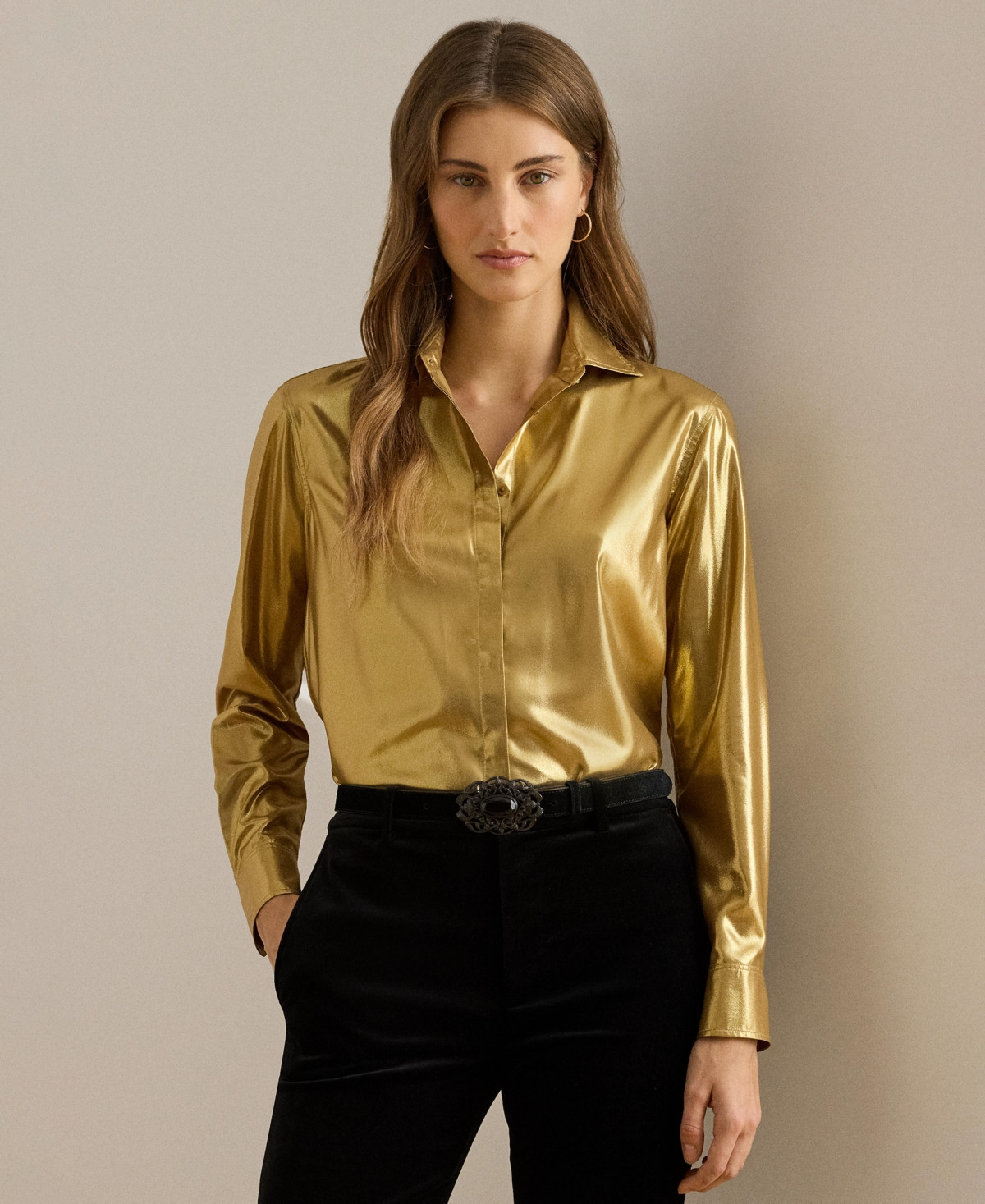 Lauren Ralph Lauren Women's Classic Fit Metallic Chiffon Shirt - Relic Gold/gold Foil | Macy's