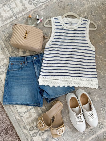 Prettiest casual vacation outfit idea! I paired this J.Crew sleeveless sweater (which was a best seller last week) with my Madewell denim shorts and either sandals or white tennis shoes for a more comfortable look! Wearing size small in the sweater and size 27 in the shorts. Summer outfits // daytime outfits // travel outfits // vacation outfits // summer sweaters // denim shorts // summer sandals // Same Edelman shoes // white tennis shoes // crossbody bags // J.Crew factory 

#LTKStyleTip #LTKSeasonal #LTKTravel