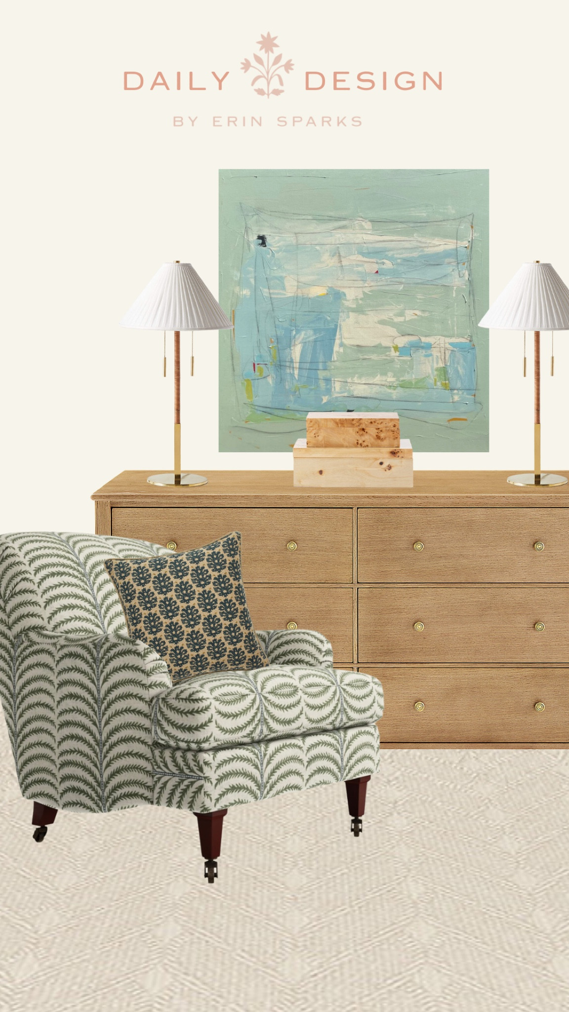 Living room inspo interior design abstract art painting buffet lamp wide dresser block print burl wood box armchair vignette grandmillennial home wall art lighting traditional home 

#LTKhome