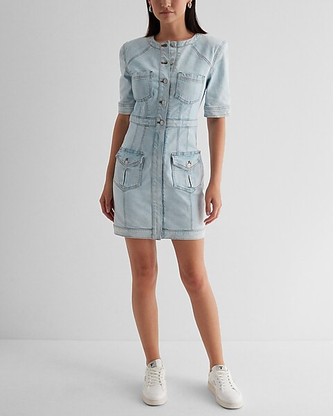 Denim Padded Shoulder Button Up Mini Dress | Express
