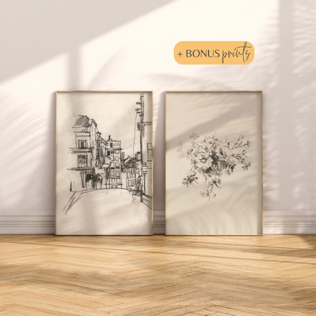 Minimalist Sketch Wall Art Prints Set - Paris Cityscape Print & Floral Drawing Wall Decor Vintage... | Etsy (US)