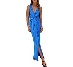 PRETTYGARDEN Women's Satin Ruched Bodycon Dress Summer 2023 Twist Front V Neck Sleeveless Split M... | Amazon (US)