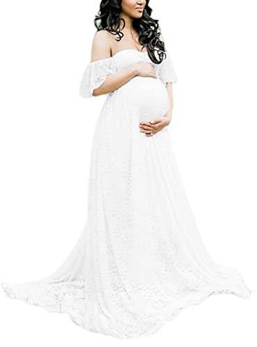 ZIUMUDY Photography Maternity Dress Off Shoulder Lace Baby Shower Pregnant Wedding Dress (White, Small) | Amazon (US)