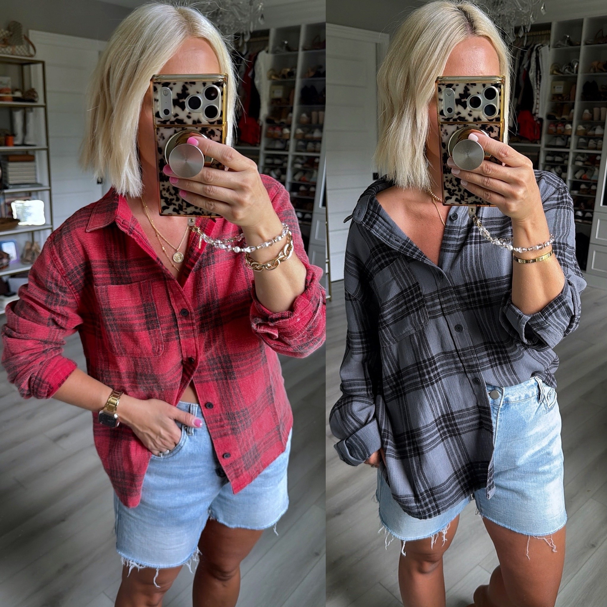 Red flannel small
Grey flannel medium
Short sized up two sizes to an 8 for a loose fit

#LTKMens #LTKSeasonal #LTKootd