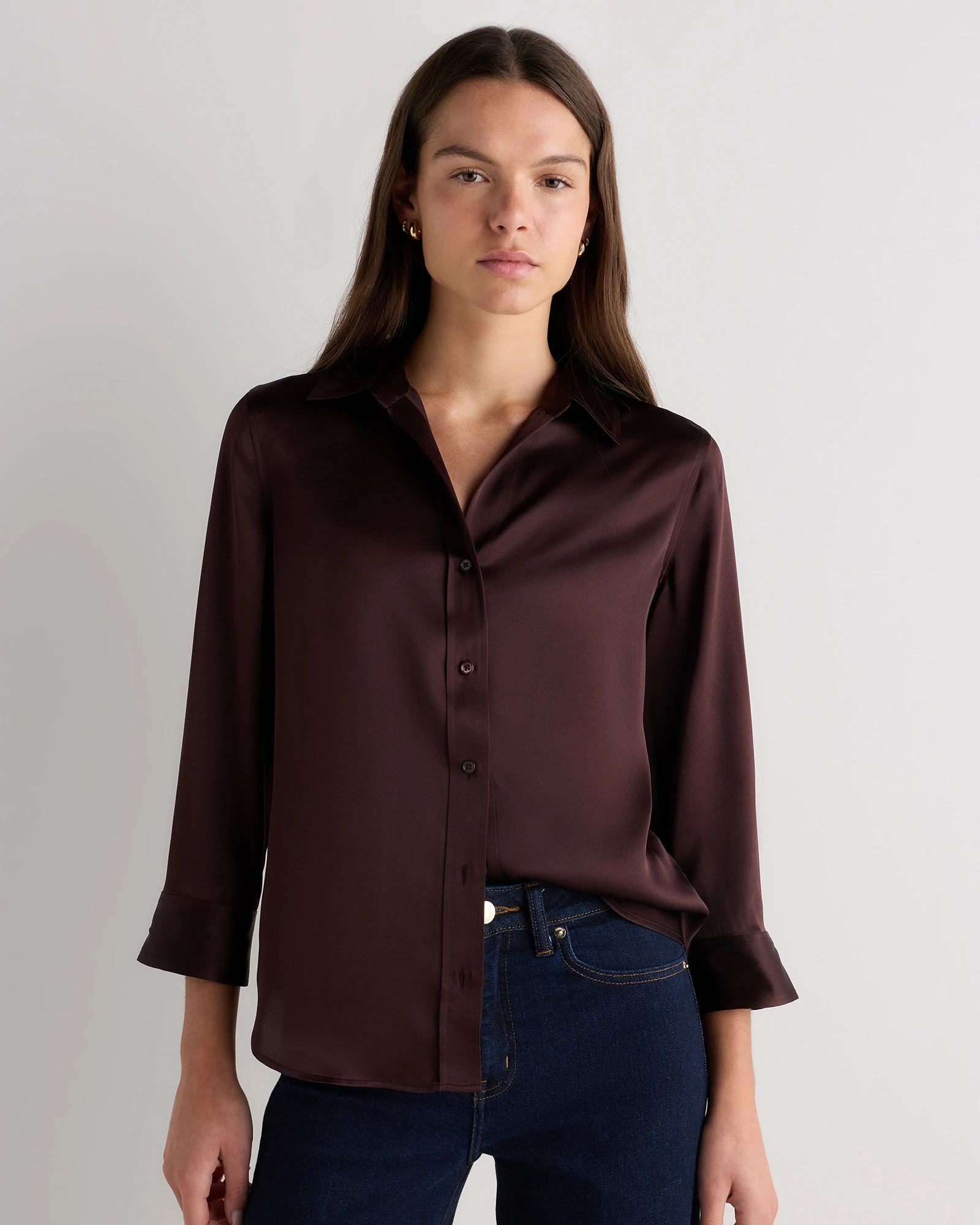 Quince | Women's Three-Quarter Sleeve Shirt in Black, Size Medium, Mulberry Silk | Quince