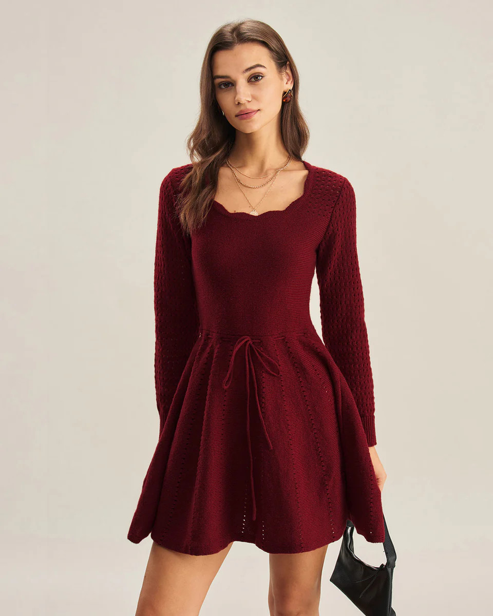 Wine Red A-Line Sweater Dress | rihoas.com