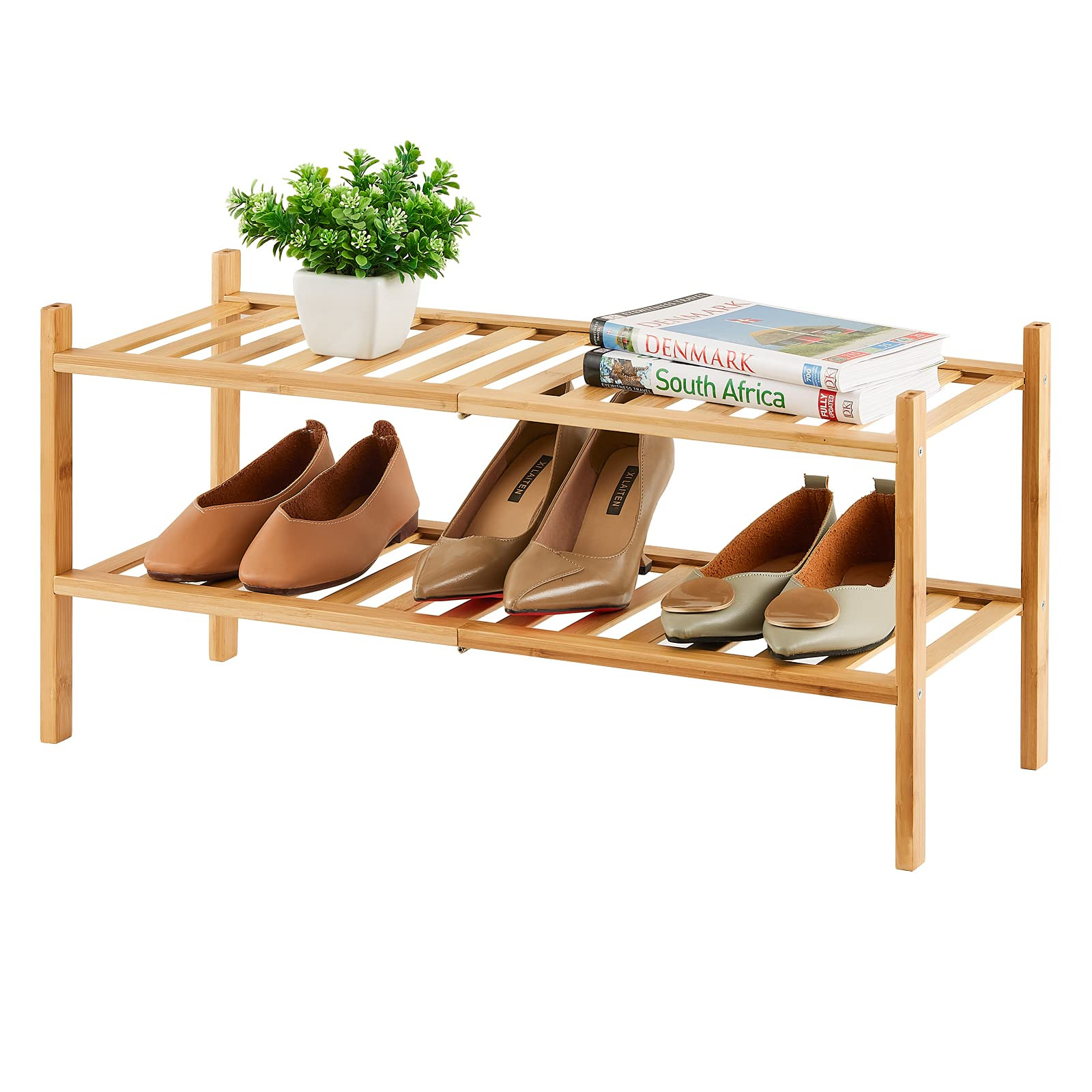 2-Tier Bamboo Shoe Rack for Entryway, Bamboo Wood Shoe Organizer for Hallway Closet, Free Standin... | Amazon (US)