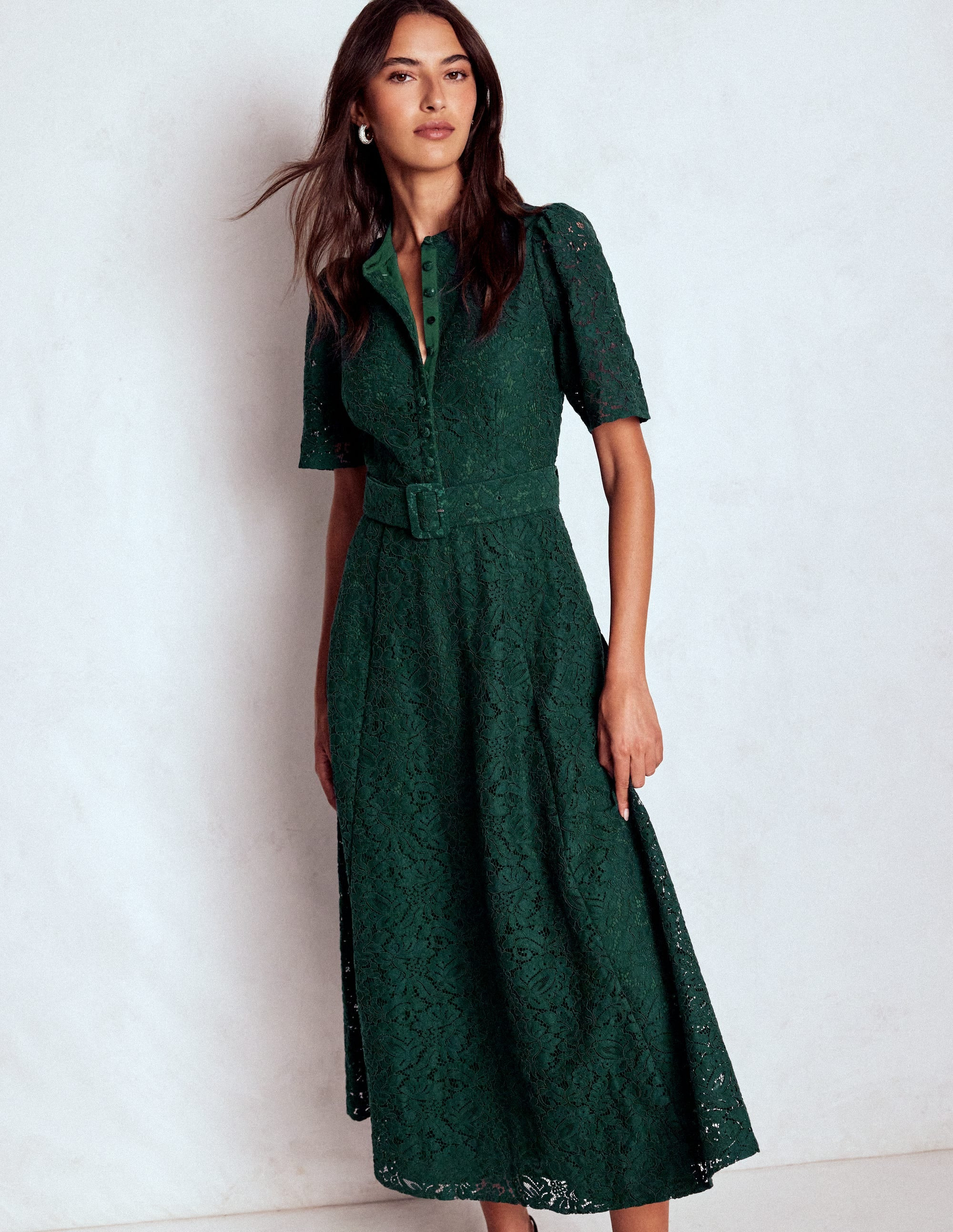 Kate Puff Sleeve Lace Dress-Dark Green | Boden (US)