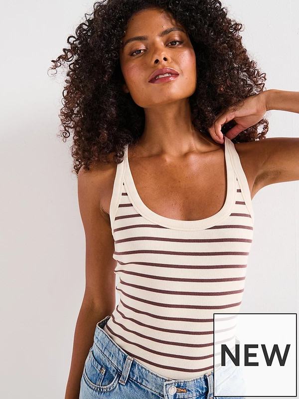 V by Very Scoop Rib Vest Stripe - White | Very (UK)