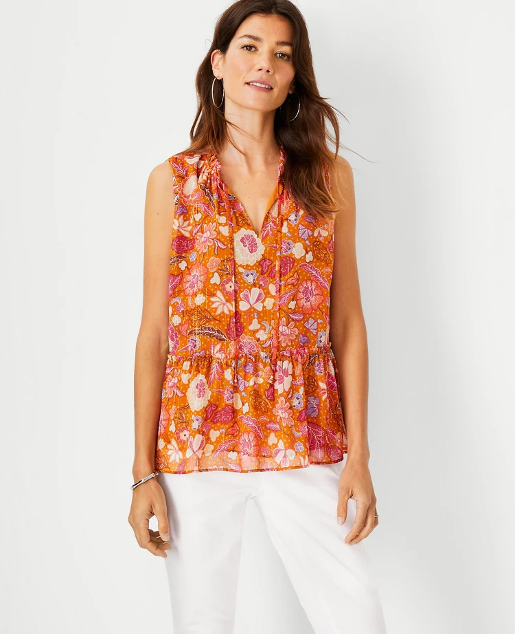 Batik Floral Tie Neck Shell | Ann Taylor (US)