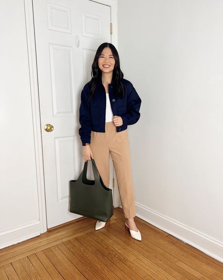 Cropped navy jacket (XSP)
White tank top  (XS)
Khaki pants  (4P)
Beige pants 
Olive green tote bag 
Cuyana system tote
White pumps  (1/2 size up)
White mule pumps
Smart casual outfit 
Business casual outfit 
Ann Taylor outfit 
Professional outfit 
Spring work outfit

#LTKSeasonal #LTKfindsunder100 #LTKworkwear
