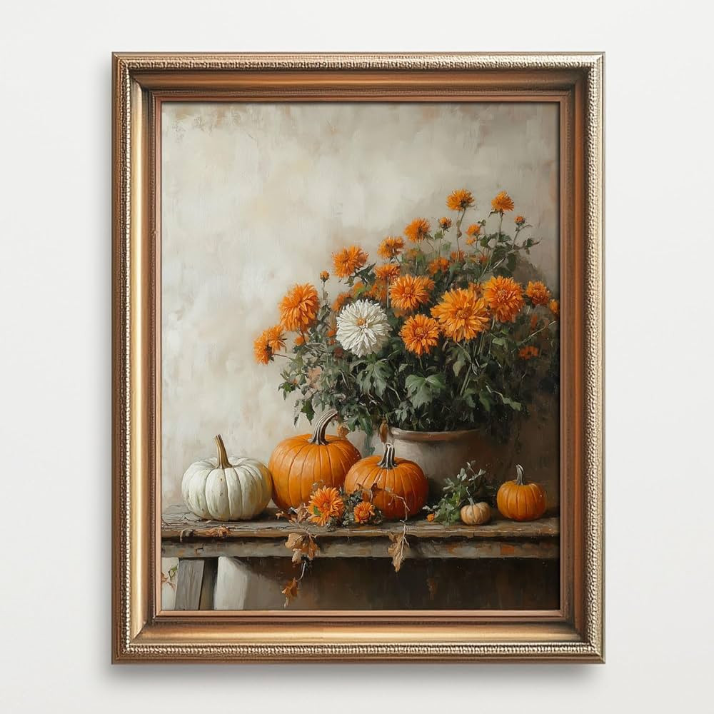 Halloween Decor Print Pumpkins Still Life Painting Rustic Fall Art Vintage Autumn Wall Print Hall... | Amazon (US)