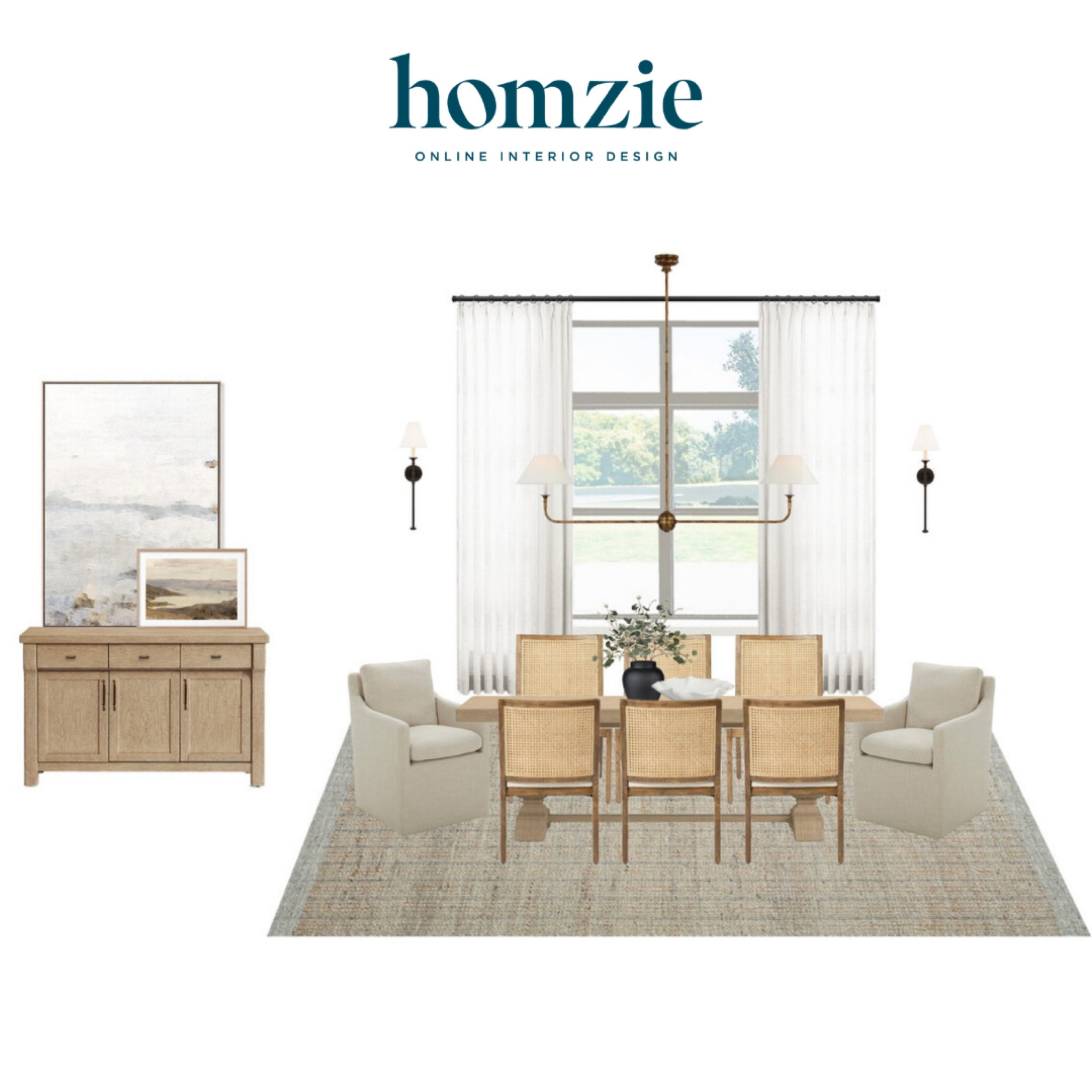 We loved designing this coastal modern dining room our virtual interior design client. This space features an antique gold chandelier, modern cane wood and upholstered dining chairs, a light wood finished buffet with coastal inspired artwork, and a natural woven area rug to add texture and tie the space together. 

Work 1:1 with a Homzie virtual interior designer for a low flat-rate and receive a custom, shoppable decorating plan! - all online.  Get started homziedesigns.com/work-with-us 

#LTKHome #LTKStyleTip #LTKSaleAlert