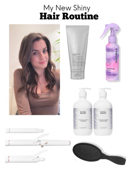 New shiny hair routine, long hair, full hair, curly hair, glossy hair, bouncy hair, curling iron, gloss spray, bondi shampoo conditioner, wet brush, heat protectant 