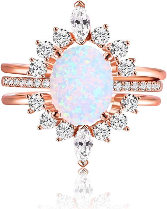 LAZLUVU Oval White Opal Stackable Rings Promise Ring for Her 3A Cubic Zirconia Pink Engagement Ri... | Amazon (US)