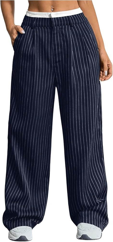 SOLY HUX Women's Striped Pants Color Block High Waisted Wide Leg Casual Work Office Long Trousers | Amazon (US)