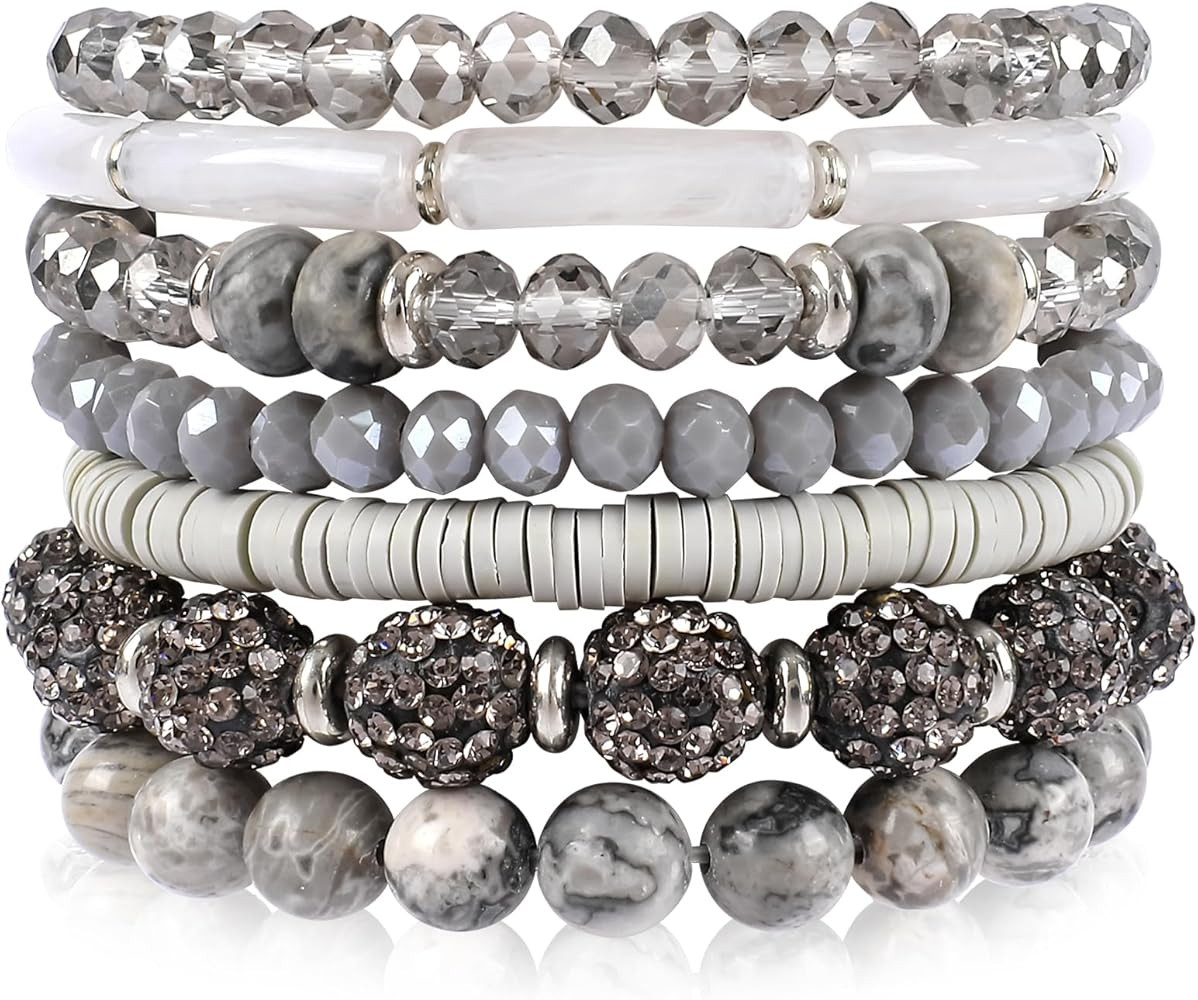 Pink Bracelets Purple Bracelet Boho Multi-Layer Beaded Stacking, Versatile Strand Stretch Crystal... | Amazon (US)