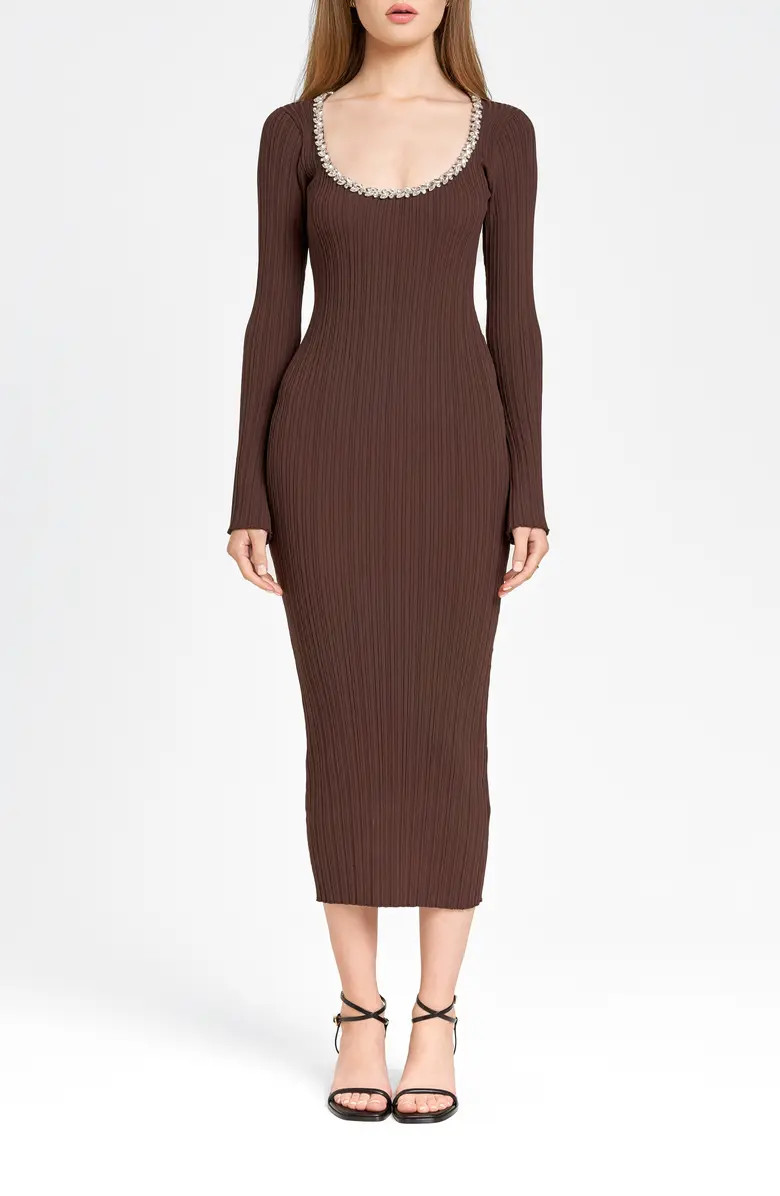WAYF Cinthia Jewel Neck Long Sleeve Rib Midi Dress | Nordstrom | Nordstrom