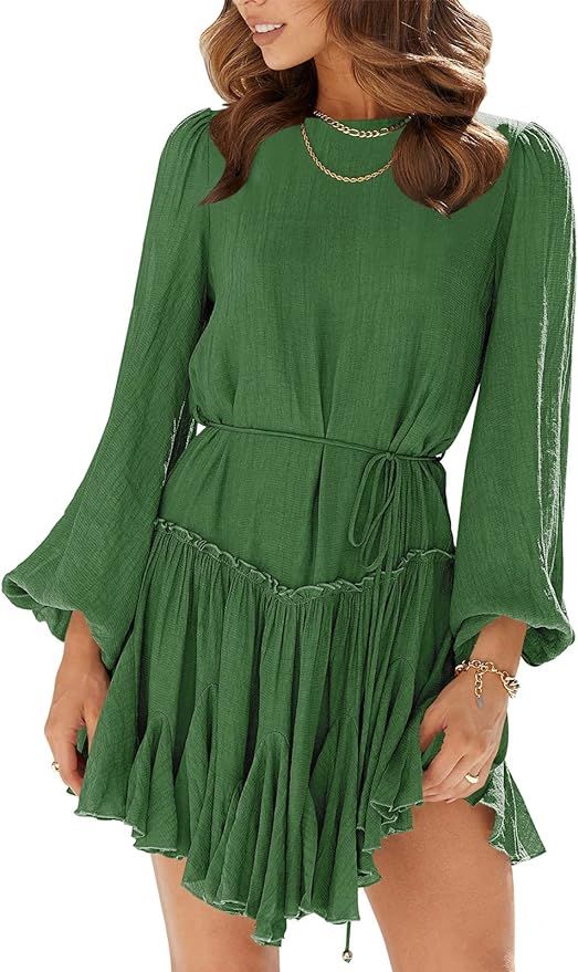 Prinbara Women's Casual Long Sleeve Crewneck Ruffle Hem High Waist A-Line Tiered Flowy Short Skat... | Amazon (US)