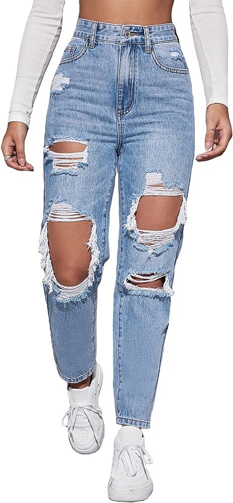 MakeMeChic Women's High Waist Straight Leg Ripped Jeans Distressed Denim Pants | Amazon (US)