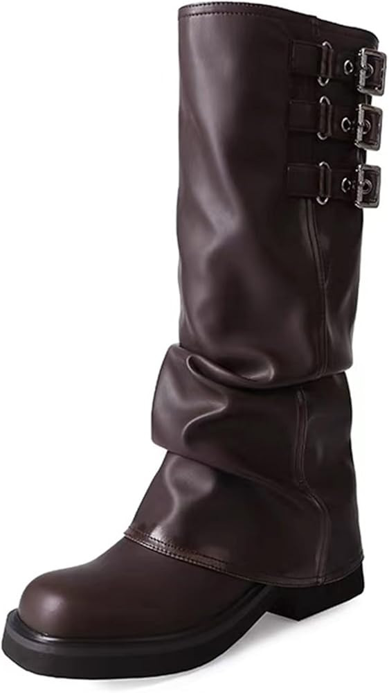 Slouchy Boots for Women Fold Over Motorcycle Riding Boots With Buckle Women's Wide Mid Calf Boots... | Amazon (US)