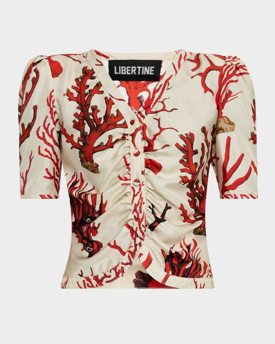 Libertine Monaco Venetian Coral-Print Silk Top | Neiman Marcus